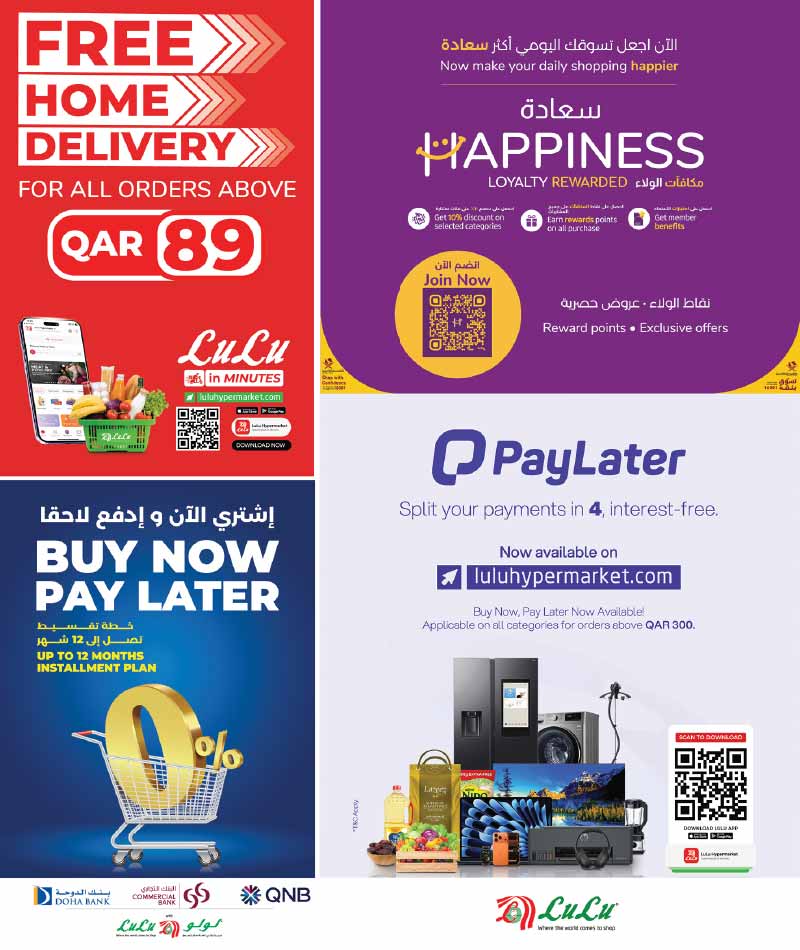 LuLu Hypermarket promotional banner advertising free home delivery details on the loyalty program app download links and interest free installment options