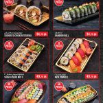 M Sushi promotional menu card featuring assorted sushi platters sushirito chicken teriyaki rainbow rolls and giant sushi boats