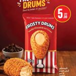Monoprix frozen treat advertisement showcasing a single pack of Frosty Drums vanilla chocolate ice cream bar coated in crunchy cereal