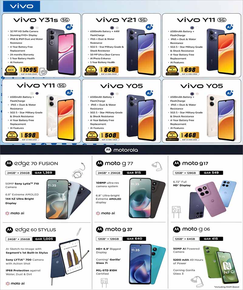 Vivo 5G and Motorola smartphones price list flyer at Rawabi Hypermarket Qatar.
