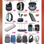 Ansar Gallery Qatar flyer featuring tech gadget deals: Redmi Buds, Redmi Watch, Anker power bank, Huawei headphones, Lenovo SSD, TP-Link router, karaoke speakers, backpacks, and wireless headphones with QAR prices.