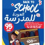 Carrefour Qatar Back to School promotion flyer featuring a smiling schoolboy with a backpack and QAR 100 gift card offer for QAR 95 valid September 2 to 8.