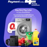Carrefour Qatar PayLater promotion flyer offering 0% interest payment installments on electronics, appliances, and groceries.