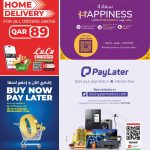 LuLu Hypermarket Qatar promotional flyer highlighting free home delivery over QAR 89, Happiness Loyalty Rewards Program, PayLater interest-free installment options, and up to 12-month 0% interest Buy Now Pay Later bank plans.